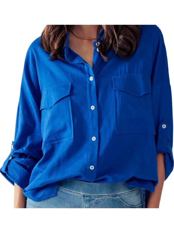 Oversized Pockets Button Up Linen Shirt In Blue-- Print Jacquard Patchwork