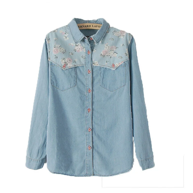 Fashion Ladies Sweet Floral printed Spliced Blue Denim Women Shirts Long Sleeve Casual Slim Blouses Jeans-- Cotton Fabric Linen Fabric Terry Fabric Fashion Ladies Sweet Floral printed Spliced Blue Denim Women Shirts Long Sleeve Casual Slim Blouses Jeans-- Cotton Fabric Linen Fabric Terry Fabric