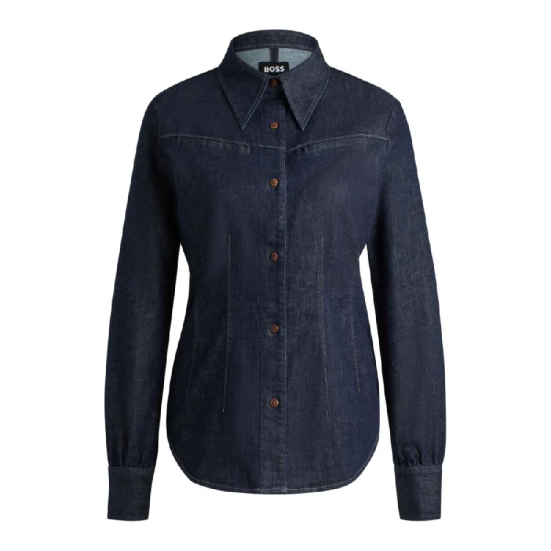 Slim-fit shirt in blue stretch denim-- Zippered Front Buttoned Front Snap Front