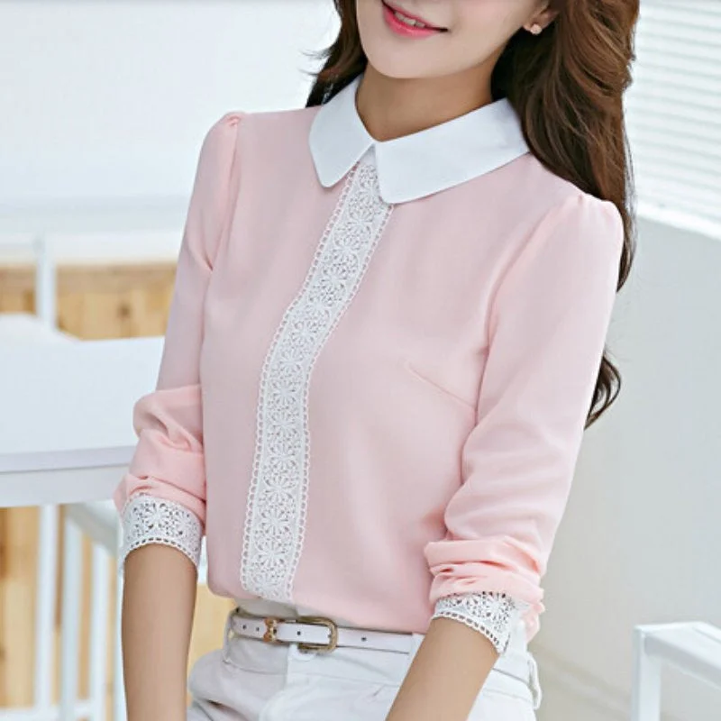 Peter Pan Collar Chiffon Blouse Women's Long Sleeve Lace Crochet Top Blouses White/Pink Shirts-- Denim Fabric Leather Fabric Suede Fabric Peter Pan Collar Chiffon Blouse Women's Long Sleeve Lace Crochet Top Blouses White/Pink Shirts-- Denim Fabric Leather Fabric Suede Fabric