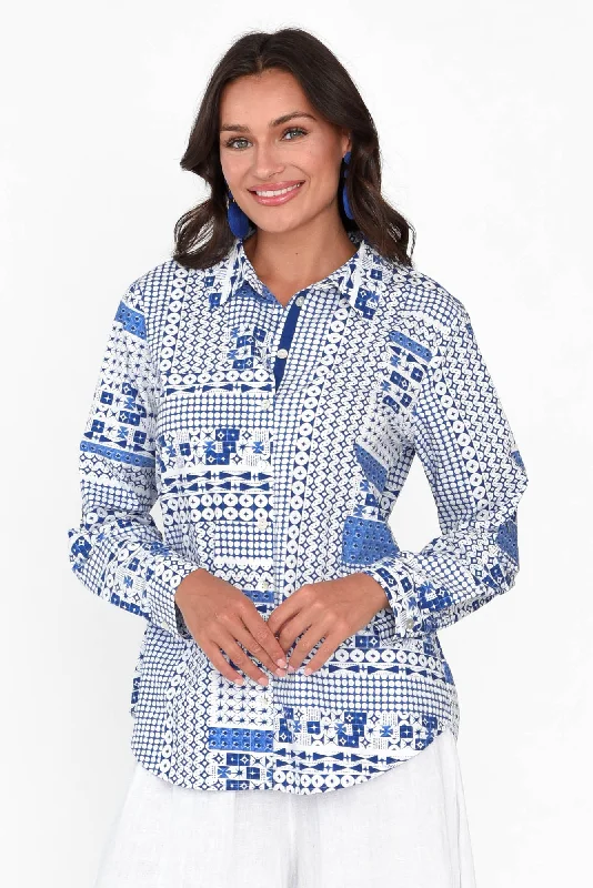 Pomona Blue Mosaic Cotton Shirt-- Polka Dot Checkered Tartan