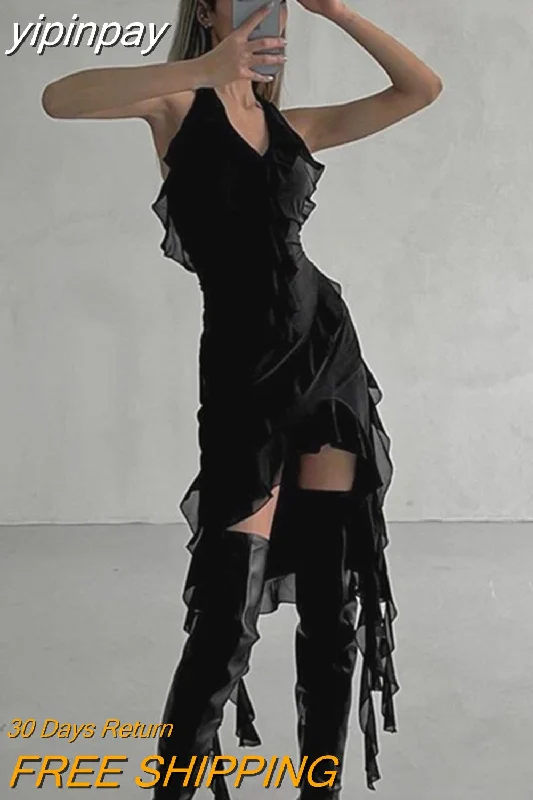 yipinpay 2023 Sexy Backless Women Lace Up Ruffles Halter Off Shoulder Mini Dress Club Fashion Party Evening Black Y2K Dress Summer Modern Satin Mini Dress yipinpay 2023 Sexy Backless Women Lace Up Ruffles Halter Off Shoulder Mini Dress Club Fashion Party Evening Black Y2K Dress Summer Modern Satin Mini Dress