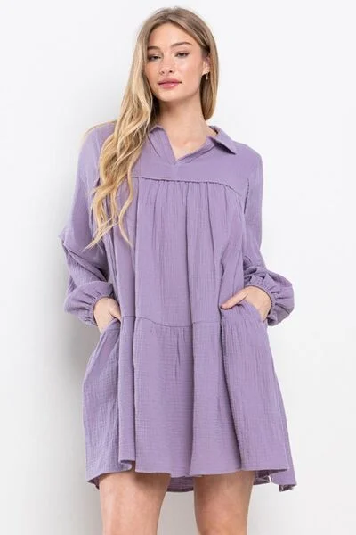 Johnny Collar Balloon Sleeve Mini Dress Casual High-Waist Mini Dress