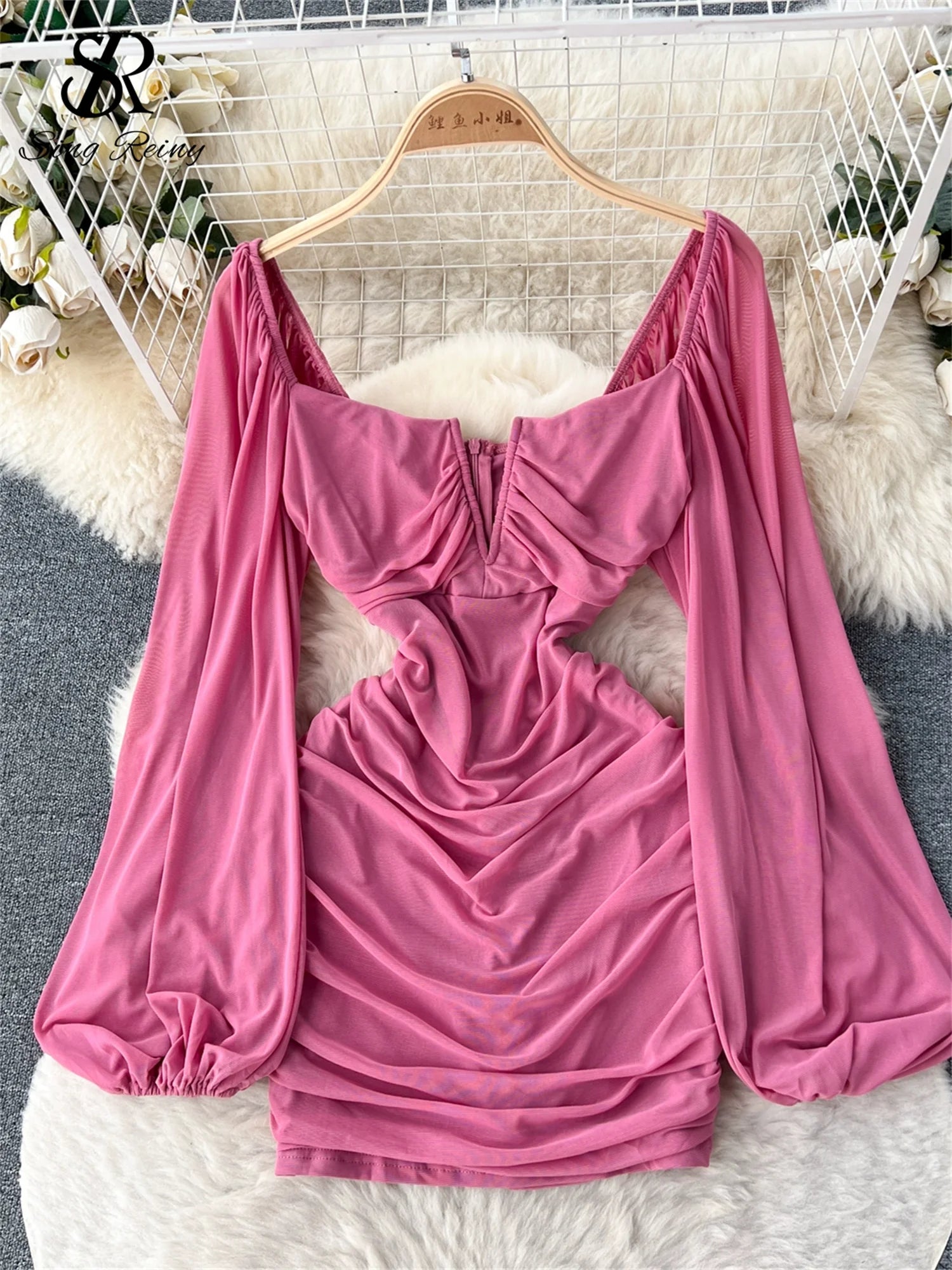 Yipinpay Fashion Sexy Slim Mini Dress Women Ruched Zipper Backless Lantern Sleeve American Streetwear Mesh Party Bodycon Dress Cozy Jersey Mini Dress