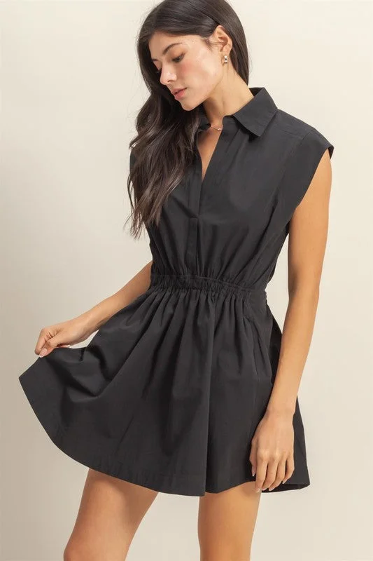 Flirty Collared Mini Dress- Black Trendy A-Line Mini Dress