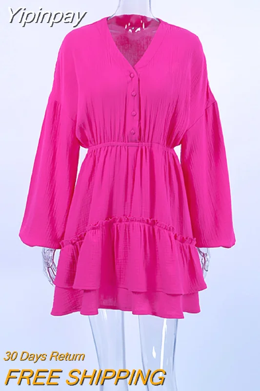Yipinpay Rose Red Ruffled Dress Woman Elegant Puff Sleeve Cascade Ruffle Mini Dress Ladies Office Spring Cotton Dresses Chic Comfortable Bodycon Mini Dress