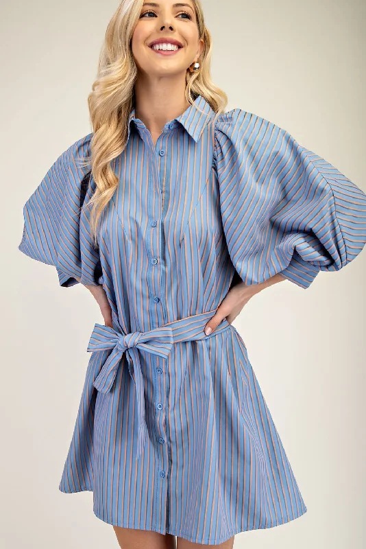 Collar Neck Puff Sleeve Stripe Mini Dress - Blue Stylish Short-Sleeve Mini Dress