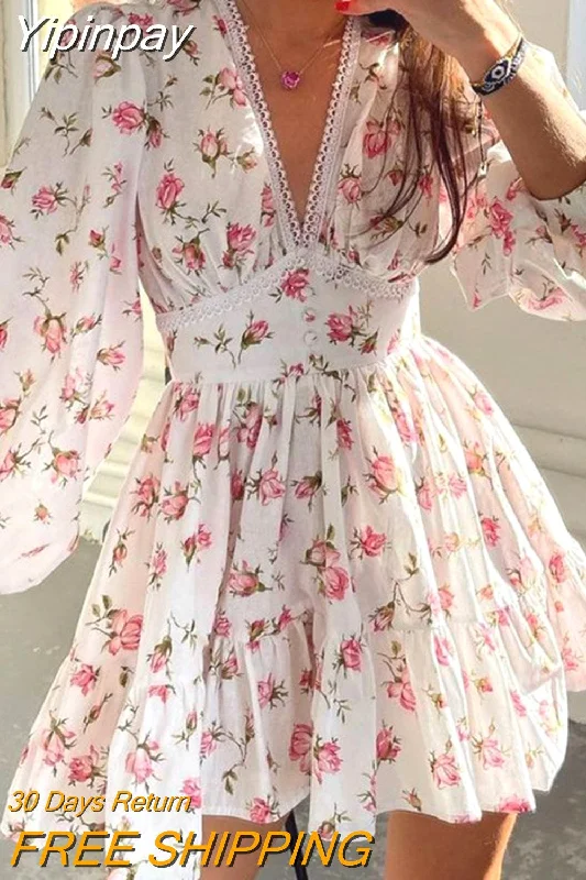 Yipinpay Fashion Womens Floral Print Mini Dress Summer Long Sleeve Deep V Neck High Waist A-Line Dress Street Style Hot Sale S-XL Trendy Button-Detail Mini Dress