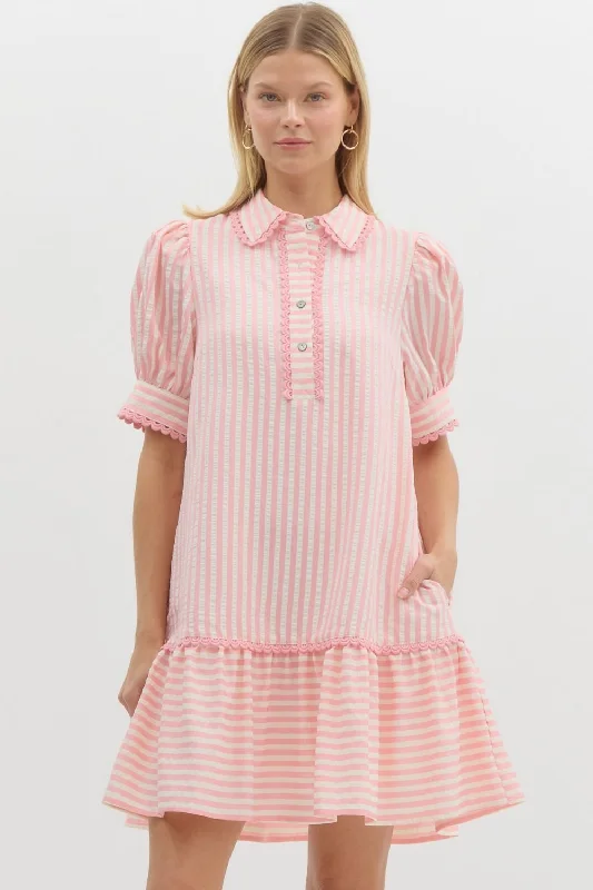 Seersucker Mini Dress - Light Pink Elegant Mini Dress with Pleats