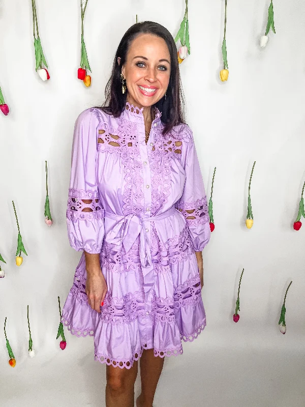 Solid Pearl Button Up Mini Dress- Lavender Chic Tropical Mini Dress