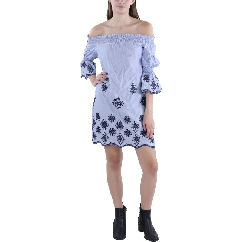 Womens Off-The-Shoulder Embroidered Mini Dress Tunics Stylish elegant