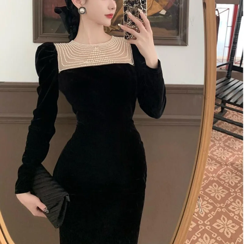 Zjkrl - Black Elegant Evening Midi Dress Women Bodycon France Vintage Velvet Party Dress Ladies Korean Fashion Chic Dresses Autumn Tunics Bridal satin