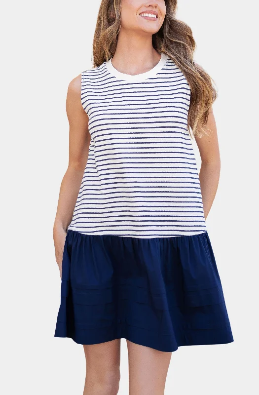 Mixed Media Stripe Knit Mini Dress Classic White Mini Dress