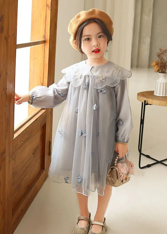 Novelty Grey Butterfly Embroideried Tulle Girls Long Dress Long Sleeve SS1064 Tunics Fall fleece