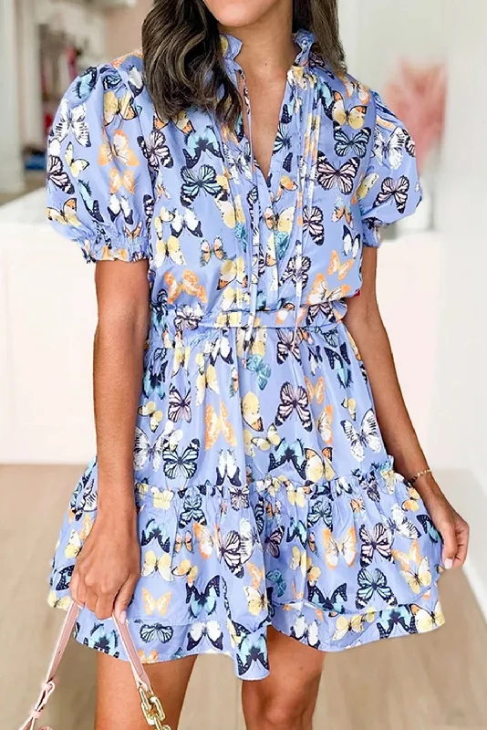 Purple Butterfly Print Puff Sleeve Frill Mini Dress Elegant Tulle Mini Dress