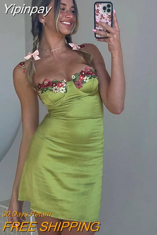 Yipinpay Sexy Vacation Backless Mini Dresses Floral Embroidered Satin Slip Dress 2023 Summer Outfits Women Resort Wear C69-CI10 Fashionable Boho-Chic Mini Dress