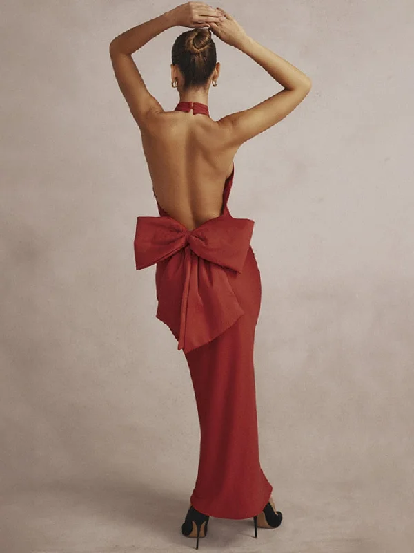 Zjkrl - Backless Big Bow Halter Evening Party Red Dresses Elegant Chic Women's Off Shoulder Long Wedding Party Prom Dress 2023 Summer Tunics Evening elegant