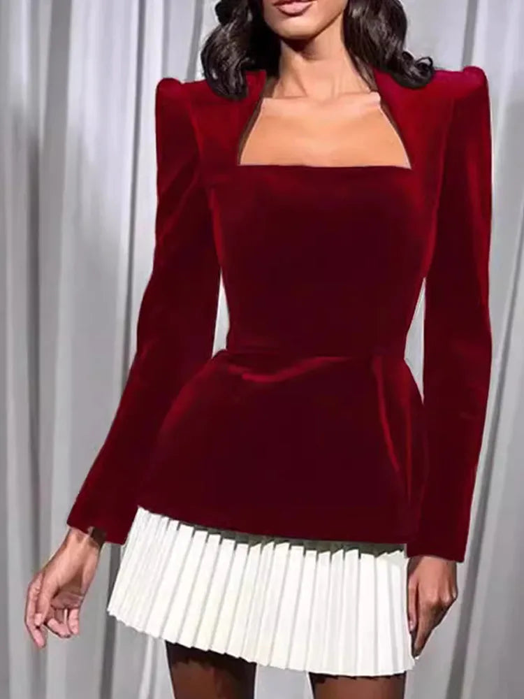 Cinessd Women Velvet Patchwork Pleated Mini Dress Fashion Ruffled Skirt Long Sleeve Square Neck Tops 2 Pieces Elegant Party Prom Gown Elegant Satin Lace Mini Dress