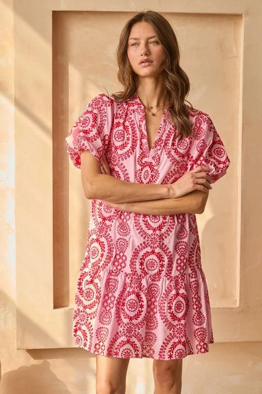 Eyelet Embroidered Short Sleeve Mini Dress Stylish Short Sleeve Mini Dress
