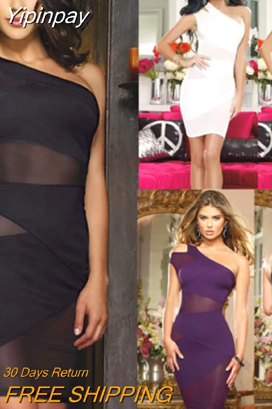 Yipinpay Size 2023 Summer Sexy Dress Women Party Fits Fashion Lace Dress See Through Bodycon One-Shoulder Mini Dresses + T-back Free Stylish Plaid Mini Dress