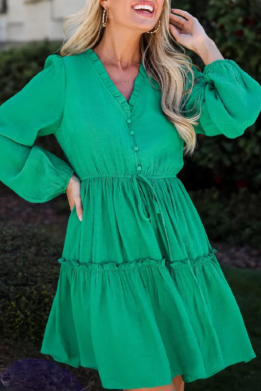 Sea Green Frill V Neck Puff Sleeve Drawstring Mini Dress Comfortable Polka Dot Mini Dress Sea Green Frill V Neck Puff Sleeve Drawstring Mini Dress Comfortable Polka Dot Mini Dress