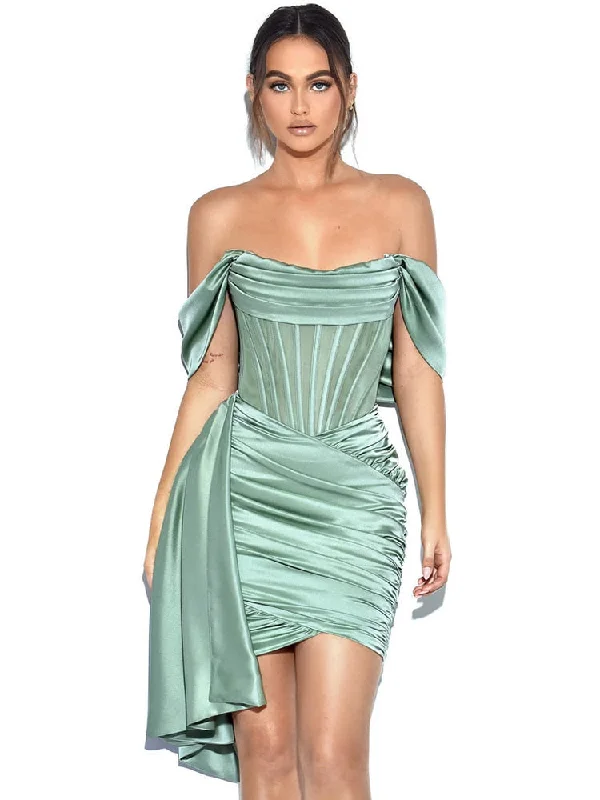 New Green Satin Draping Off Shoulder Corset Dress Elegant Backless Pleated Slim Mini Dress Celebrity Club Night Party Evening Tunics Timeless classic