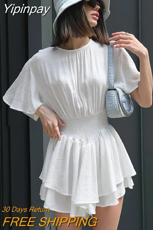 Yipinpay Elegant White Culottes Women Dress Flare Sleeve Soft Ruffled Shorts Dress Office Ladies Slim Crepe Mini Dress 2023 Trendy Camisole Mini Dress