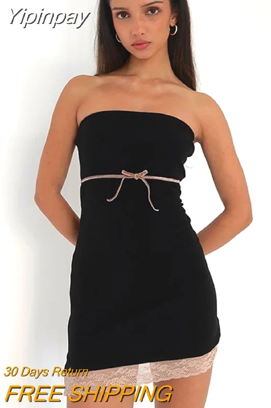 Yipinpay MO Sexy Lace Bow Off-shoulder Black Mini Dress for Women Summer Tube Dress Party Club Backless Slim Female Outfit Comfortable Linen Mini Dress Yipinpay MO Sexy Lace Bow Off-shoulder Black Mini Dress for Women Summer Tube Dress Party Club Backless Slim Female Outfit Comfortable Linen Mini Dress