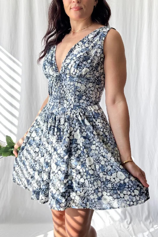 Women's Floral Corset Fit Flare Mini Dress with Pockets | Blue Fashionable Lace-Trim Mini Dress Women's Floral Corset Fit Flare Mini Dress with Pockets | Blue Fashionable Lace-Trim Mini Dress
