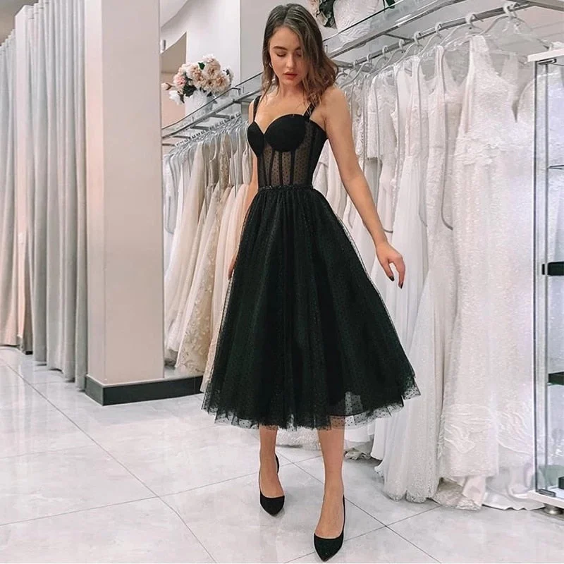 Zjkrl - Black Polka Dot Tulle Short Prom Dresses Velour Tea Length Evening Gown 2023 Hot Sale Women Wedding Party Dresses Boatneck Modish Everyday
