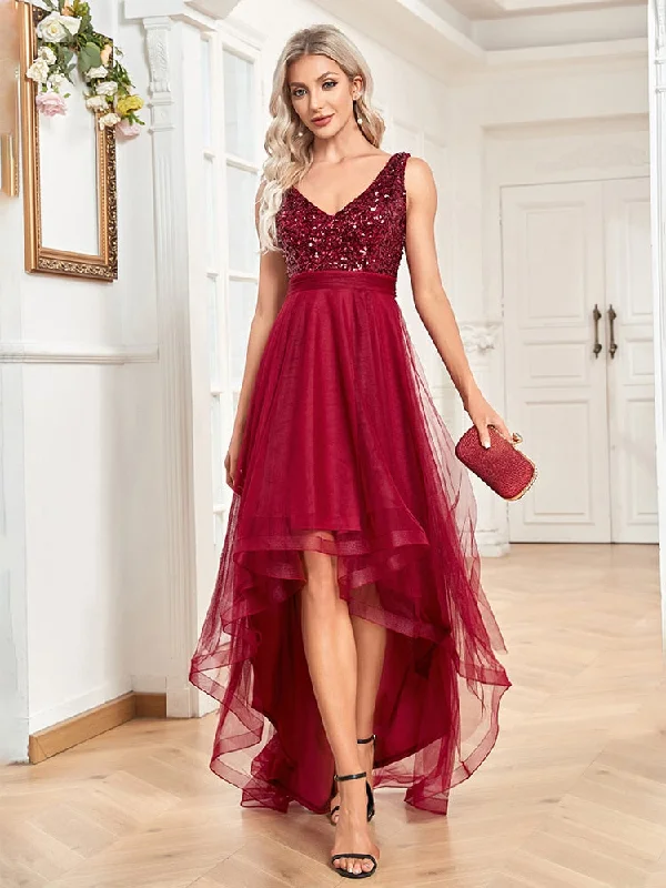 Zjkrl - Elegant V-Neck Sleeveless Sequin Floor Length Evening Dress Red Prom Party Luxury Cocktail Dress Robe For Women Tunics Fashionable trendy