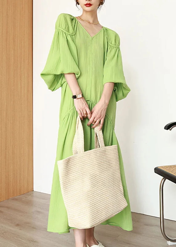 Organic Green V Neck Wrinkled Patchwork Long Dresses Lantern Sleeve UU1039 Tunics Hiking breathable
