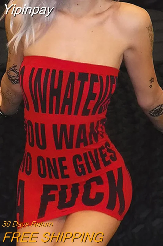 Yipinpay Dress Letter Slogan Printed Hot Bodycon Y2k Clubwear Sexy Trendy Tube Top Mini Dresses Summer Clothes for Women Fashion Sexy Comfortable Zip-Up Mini Dress