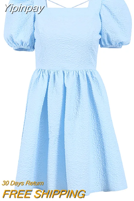 Yipinpay Party Lavender Bandage Backless Dress Chic Puff Sleeves Jacquard Flare Dress Elegant Lady Clubwear Summer Mini Dress Cozy A-Line Mini Dress