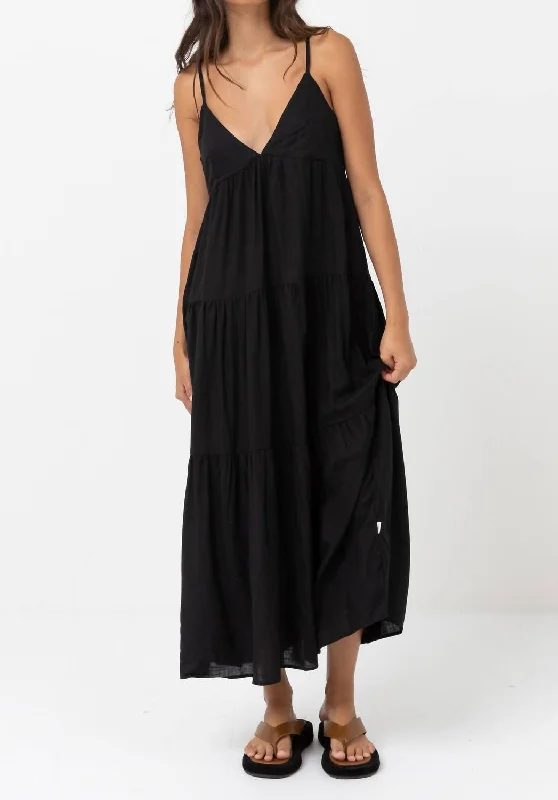 Classic Tiered Midi Dress In Black Halter Neckline Beach