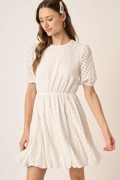 Eyelet Round Neck Puff Sleeve Mini Dress Trendy Wraparound Mini Dress