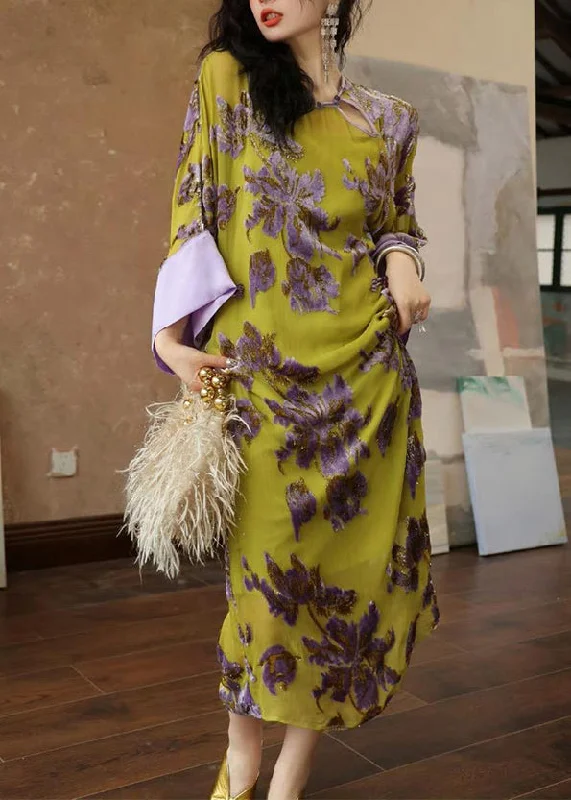 Vintage Green Embroidered Patchwork Chiffon Long Dress Spring UU1033 Tunics Fleece cozy