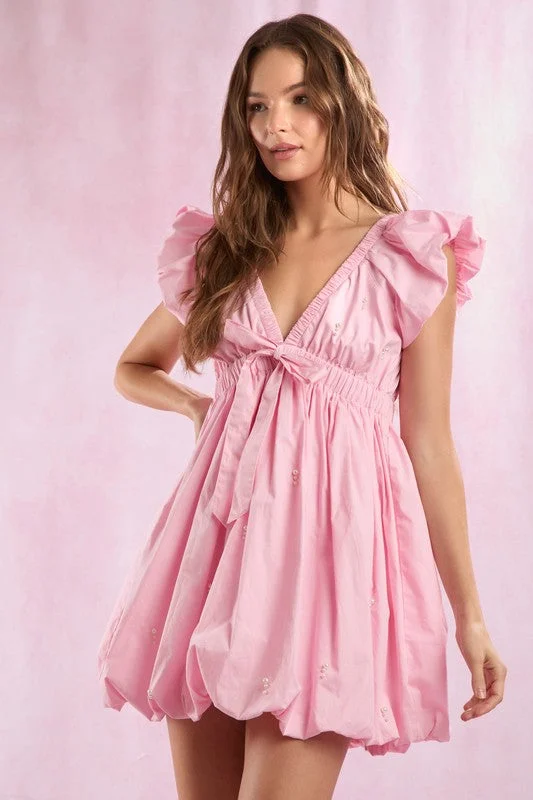 Cotton Poplin Pearl Detail Bubble Hem Mini Dress Classic Floral Mini Dress