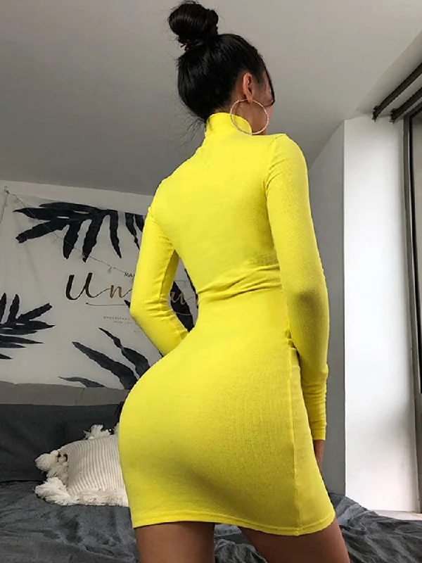 yipinpay Dress Knitted Long Sleeve Dress Bodycon Dress Solid Brown Autumn Winter Woman Dress Basic Streetwear Turtleneck Mini Dress Elegant Satin Lace Mini Dress