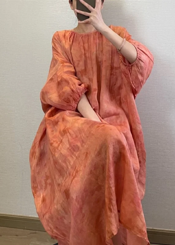 Natural Orange O-Neck Tie Dye Maxi Dress Lantern Sleeve UU1062 Tunics Cozy soft
