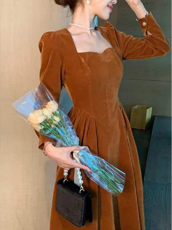 Zjkrl - France Vintage Dress Women Autumn Winter Solid Retro Elegant Evening Party Midi Dress Long Slevee Korean Style Dress Fairy Tunics Evening elegant