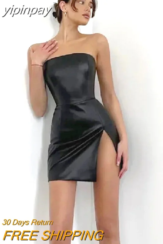 yipinpay Women Dresses Summer PU Leather Black Dress High Waist Slit Mini Dress Solid Woman Clothing Streetwear Strapless Bodycon Dresses Comfortable One-Shoulder Mini Dress