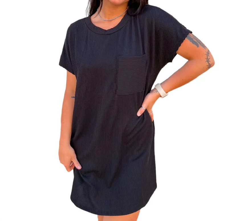 Maggie Ribbed Round Neck Short Sleeve Mini Dress In Black Tunics Favorite customer