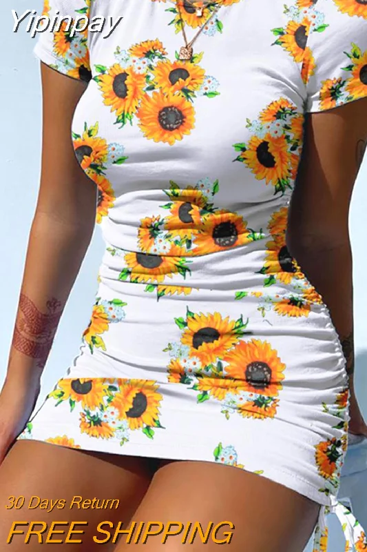 Yipinpay Women Elegant Short Sleeve Drawstring Dresses Summer Ruched Mini Dress Ladies Sexy Tie Dye Print Bodycon Slim Hip Mini Dress Comfortable Fit-and-Flare Mini Dress