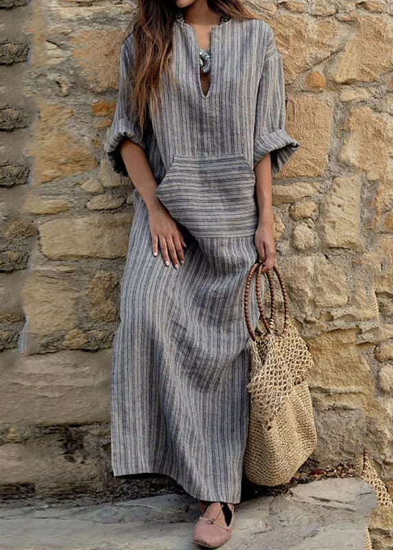 Natural Grey O-Neck Striped Patchwork Long Dresses Spring VB1089 Tunics Exclusive limited