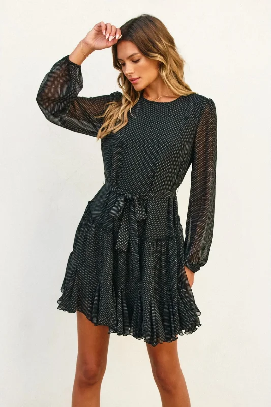 Pin Dot Chiffon Flared Mini Dress Elegant Vintage Mini Dress