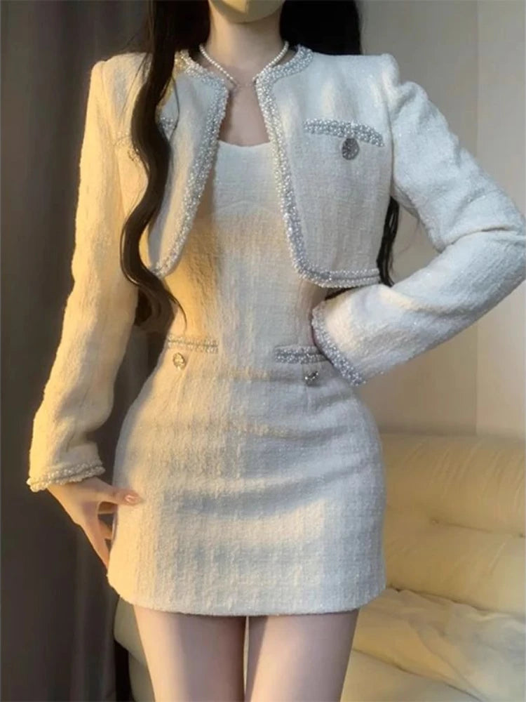 Yipinpay Autumn French Elegant 2 Piece Set Office Lady Short Coat + Slim Bodycon Y2k Mini Dress Korean Fashion Clothing Suit Woman Cozy Ruched Mini Dress