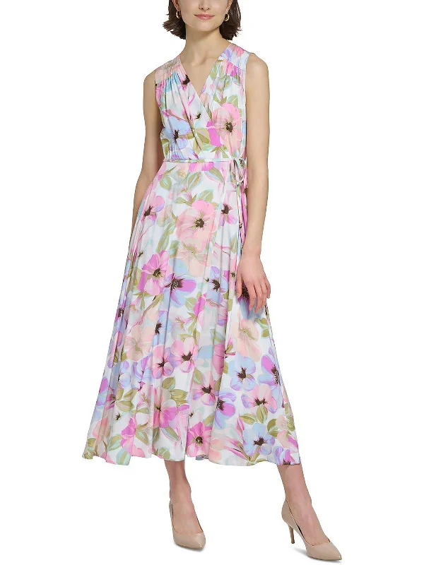 Womens Floral Sleeveless Wrap Dress Tunics Chic fashionable