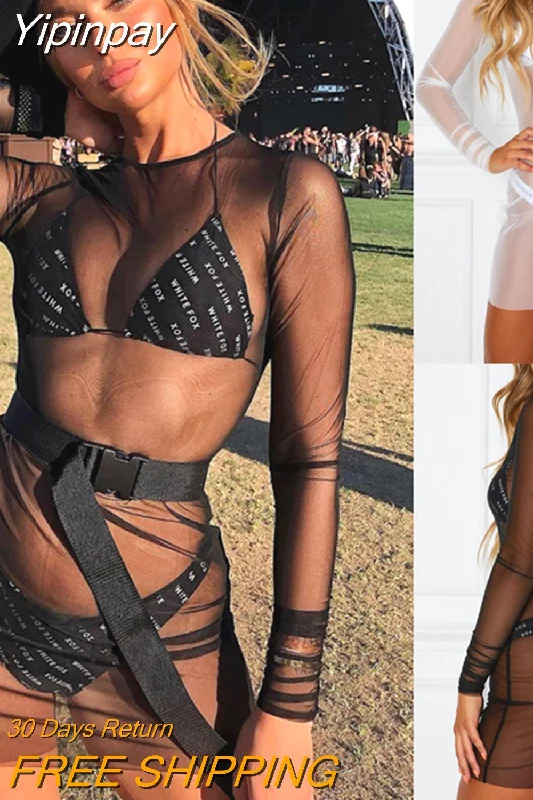 Yipinpay Mesh See Through Sexy Dress Womem Sundress Summer 2023 New Long Sleeve Lace Mini Dress Party Fits Beach Bikini Cover Up Classic Floral Mini Dress
