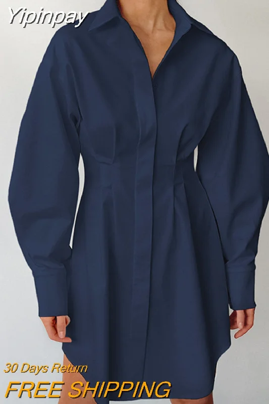 Yipinpay Pleated Womens Blue Dress Long Sleeve Spring Summer Bodycon Shirts Dress Office Ladies Turn Down Collar Mini Dress Comfortable Ruffle Mini Dress